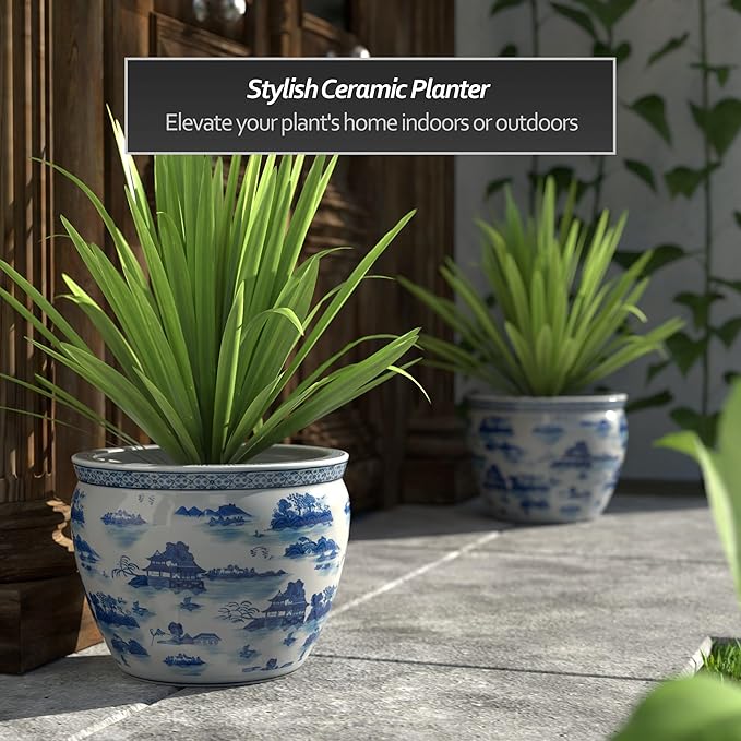 Red Lantern 14" Landscape Blue & White Porcelain Fishbowl Planter or Cachepot for Indoor/Outdoor Use in Garden Entryway Living Room Boho Eclectic Modern Contemporary Classic Traditional Style Decor