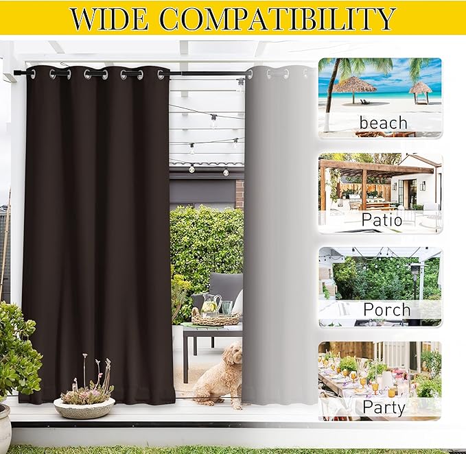NICETOWN 2 Panels Weighted Blackout Curtains with Grommet & Back Tab on top and Bottom for Patio Waterproof, Windproof Privacy Outdoor Dividers for Cabana with Fixed Rope, W52 x L108, Coffee