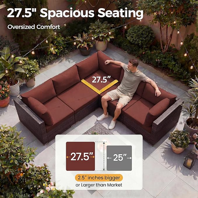 NICESOUL 11 Piece Modern Outdoor Patio Furniture Set with Firepit Propane/Natural Gas, 29.3'' High Back Wicker Conversations, 10 Seater Large Wide Sectional for Outside, Brown Rattan and Red Cushion