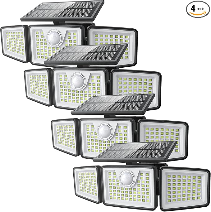 2500LM Solar Lights Outdoor with Motion Sensor,3 Head 270° Wide Angle Street Area Lights,IP65 Waterproof Security Lighting with 3 Modes(Remote,4 Pcs)
