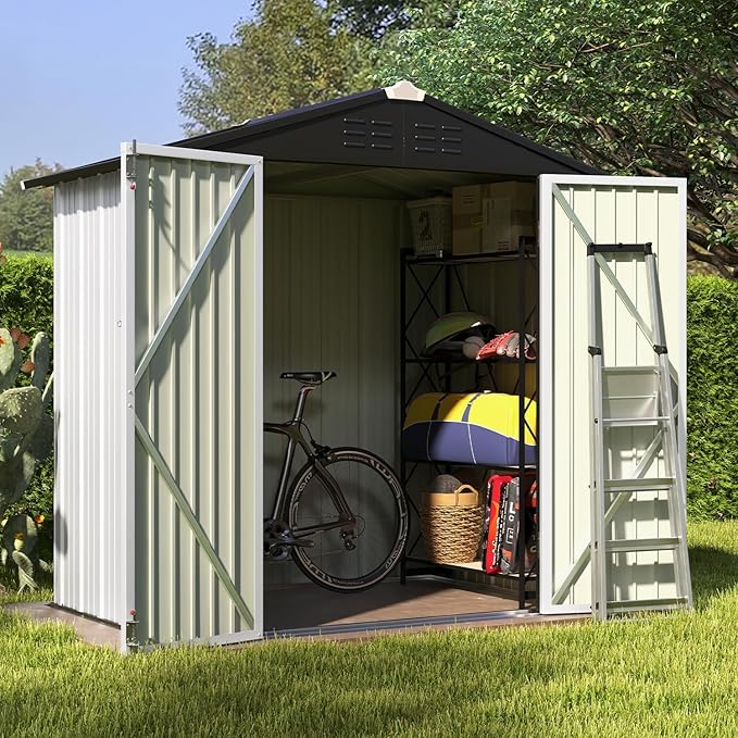 Patiowell 6x4 FT Outdoor Storage Shed, Garden Tool Storage Shed with Sloping Roof and Double Lockable Door, Outdoor Shed for Garden Backyard Patio Lawn,White