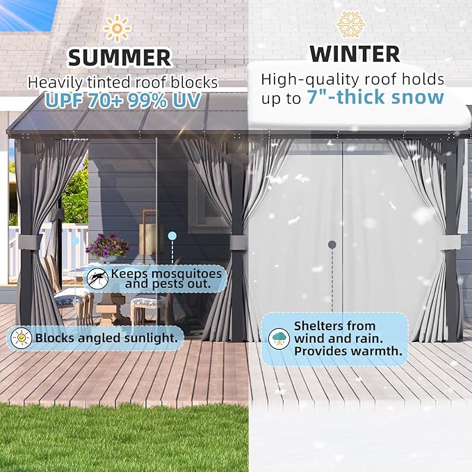 AECOJOY 14' x 10' Gazebo for Patio, Hard Top Lean to Gazebo Pergola with Curtains and Mosquito Netting, Large Wall-Mounted Heavy Duty Awnings for Patio, Decks, Backyard and More