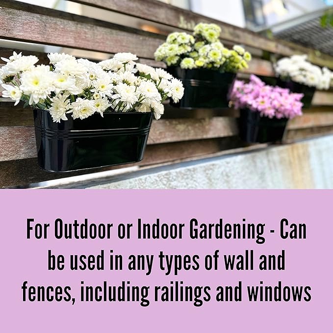 LaLaGreen Rail Planter Outdoor Plants(5 Pack, 11.8 Inch) Black Metal Iron Hanging Flower Pots Deck Railings Fence Buckets Modern Countryside Boho Style Wall Mount Window Box Plant Holder Porch Decor