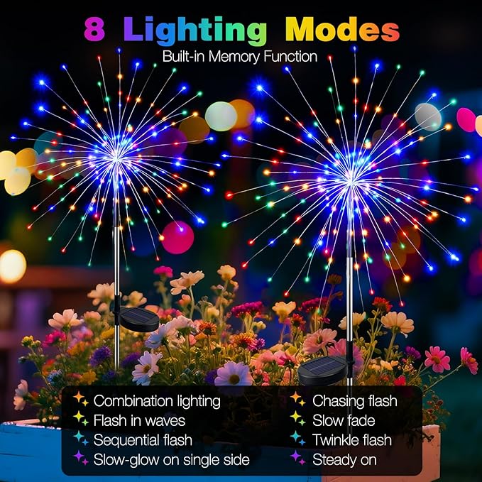 btfarm 2 Pack Solar Garden Lights Outdoor 8 Modes, 120 LED Firework Lights Solar Powered, Waterproof Twinkle Fairy Light Outside for Yard Pathway Lawn Pool Patio Christmas Decorative, Multicolor