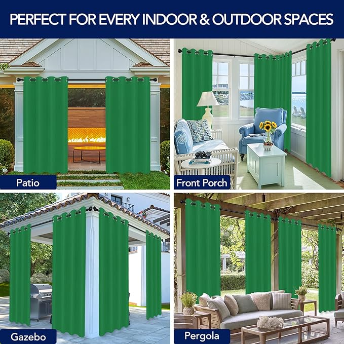 PureFit Outdoor Curtains for Patio Waterproof Weatherproof, UV Resistant Outside Curtains for Gazebo, Front Porch, Pergola, Sun Blocking Privacy Curtain, 52W x 120L inch, 1 Panel, Green