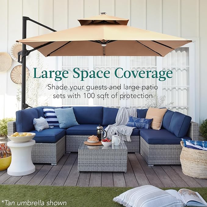 Best Choice Products 10x10ft Cantilever Patio Umbrella w/Base Included, Solar LED Lights 360 Rotation Large Offset Hanging Outdoor Shade for Deck Pool Backyard w/Stand – Amethyst Purple