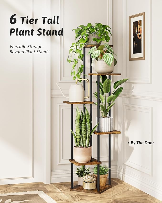 Corner Plant Stand Indoor 6 Tiered Tall Plant Stand Plant Shelf for Multiple Plants Coner Shelf Wood Plant Stands Metal Shelving for Living Room Bedroom Balcony Patio Brown Oak