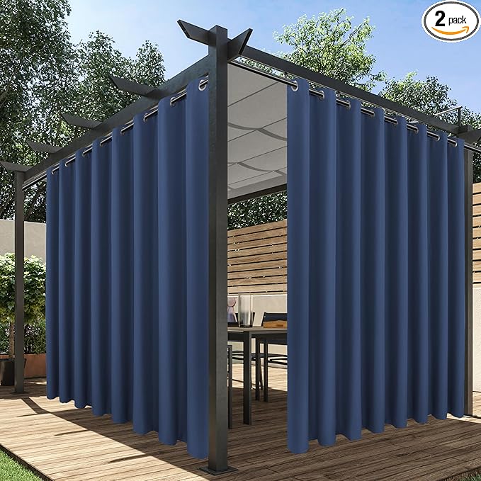HolidayIdeas Extra Wide Outdoor Curtains for Patio Waterproof, 2 Panels - 110 x 95 Inch - Privacy & Light Filtering Curtains Grommet Outside Curtains for Porch, Gazebo, Pergola, Backyard (Navy)