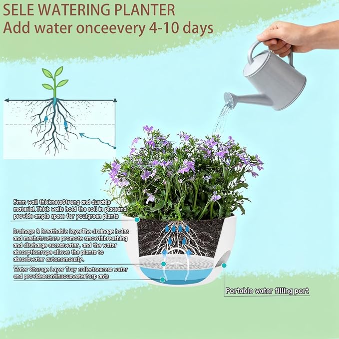 Set of 4-8 Inch Self Watering Hanging Planters for Indoor Outdoor，Hanging Plant Pots with Drainage & Removable Tray, Hanging Pots Holder for Ivy, Pothos, Ferns, Balcony & Patio, White