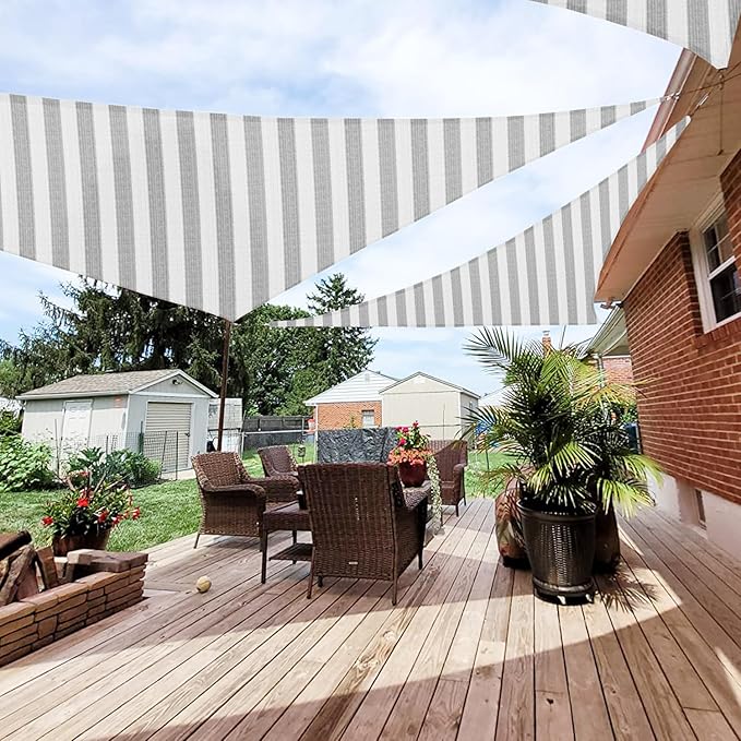 Patio Paradise 24' x 24' x 24' Sun Shade Sail Triangle Canopy Shade Cloth Fabric Sunlight Block Patio Pergola Cover HDPE Deck Awning for Outdoor Backyard Roof Shading, Gray White Strip