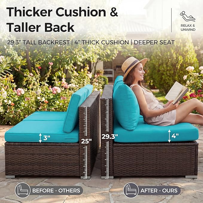 NICESOUL Large Outdoor Patio Furniture Set with Firepit Propane/Natural Gas, High-End Deep Seats Wicker Modular Sectional Sofas for 8, 29.3'' High Back Conversation Sets, Brown Rattan and Teal Cushion
