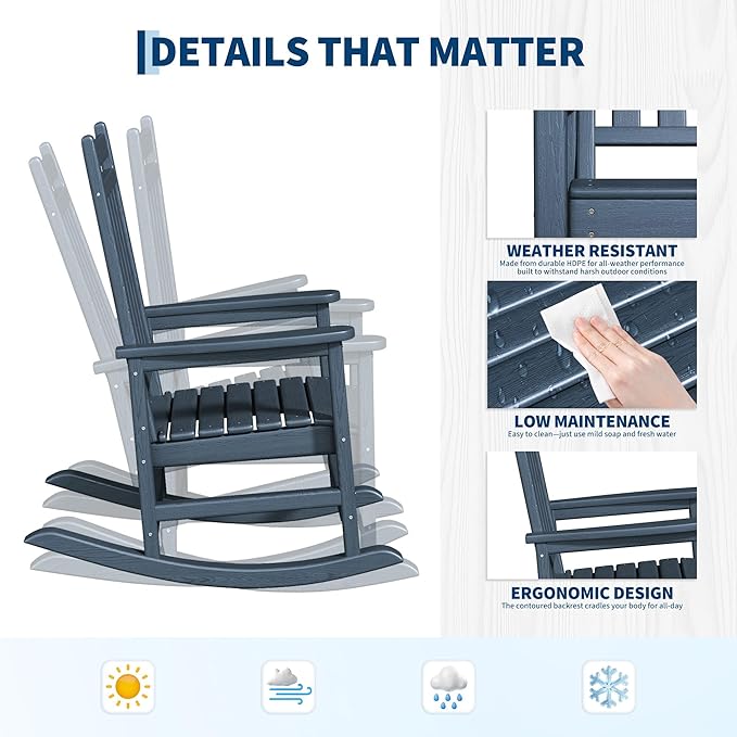 HDPE Rocking Chair Outdoor Set of 6 - Poly High Back Porch Rocker Chairs for Adults - All Weather Resistant Furniture for Patio Front Porch - Navy Blue