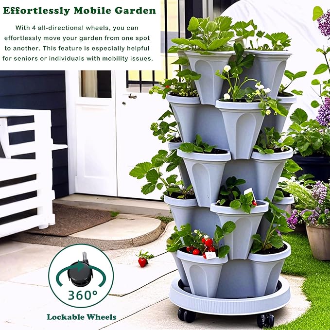 7 Tiered Strawberry Planters 3 Pack, Vertical Stackable Planter, Herb Stacking Tower Garden, Flower and Vegetable Planters with Support Pole Indoor & Outdoor with Removable Wheels Dark Grey