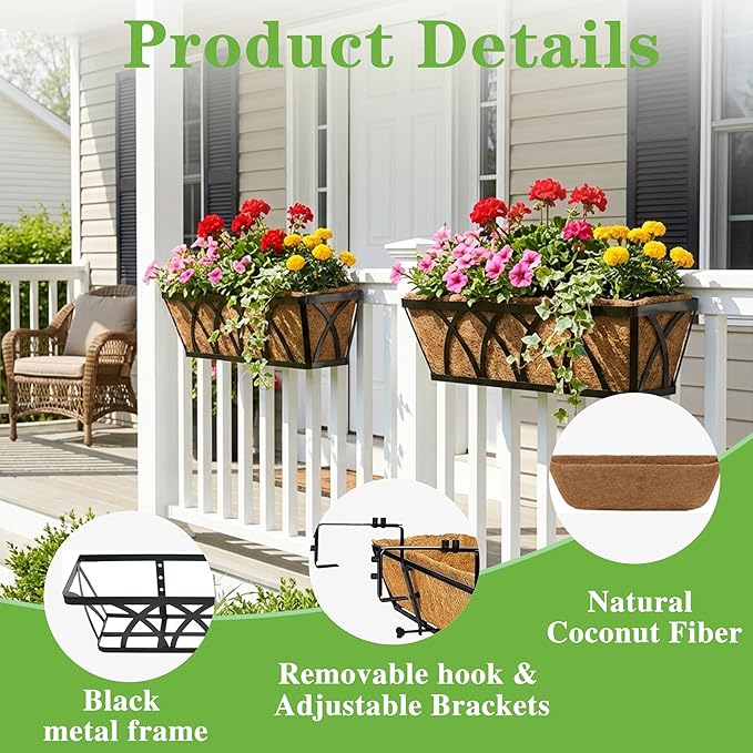 Window Deck Railing Planters Boxes with Coconut Liner, The Bottom Flat Window Boxes Planters Flower Boxes Metal Black Balcony Planter Railing Hanging for Outdoor Fence Porch Patio Lawn(4Pcs 30 Inch)
