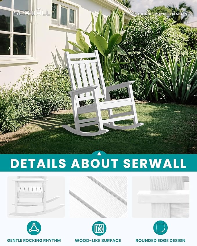 SERWALL HDPE Outdoor Rocking Chair Set of 6, Patio Rocking Chairs for Adults, All Weather Outdoor Rockers for Lawn, White
