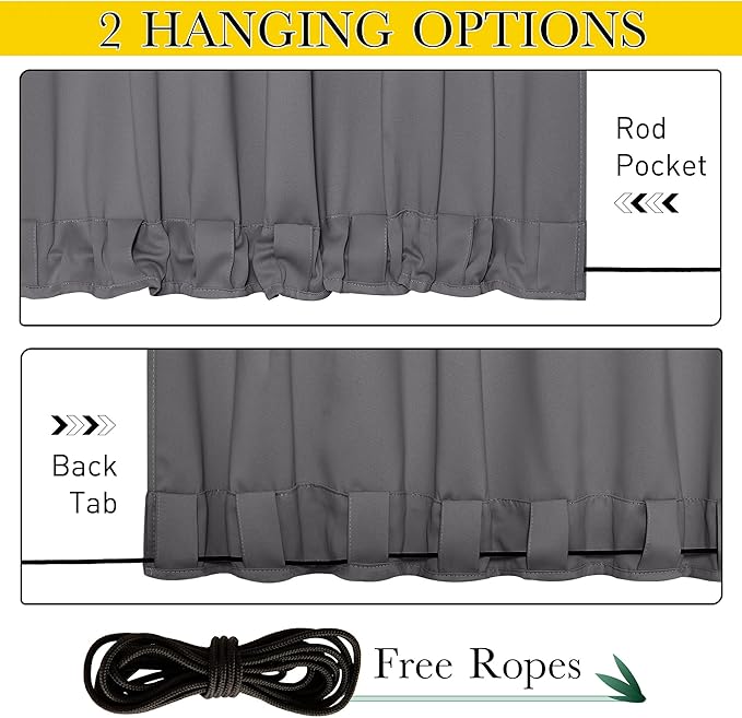 NICETOWN 2 Panels Outdoor Curtains Waterproof Extra Long 108" for Patio, Windproof Top & Bottom Grommet & Back Tab Weighted Blackout Outdoor Drapes Keep Privacy with Rope for Fixed, 104" Wide, Grey