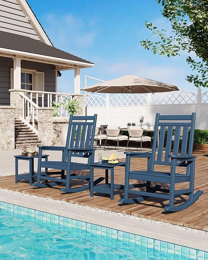 HDPE Rocking Chair Outdoor Set of 6 - Poly High Back Porch Rocker Chairs for Adults - All Weather Resistant Furniture for Patio Front Porch - Navy Blue