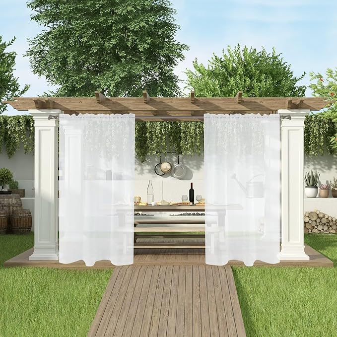 SpaceDresser Waterproof Outdoor Sheer Curtains for Patio - 2 Panels Rod Pocket Indoor Voile Sheer Curtain for Living Room,52W x 120L inch,White
