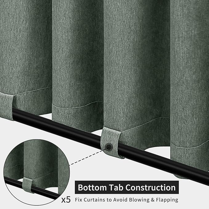 Easy-Going Linen Look Outdoor Curtains Waterproof Windproof Porch Curtains, Soft Thicken Outdoor Privacy Curtains for Patio, Gazebo, Grommet Top and Tab Bottom Drape, 1 Panel, 110x96 inch, Sage Green