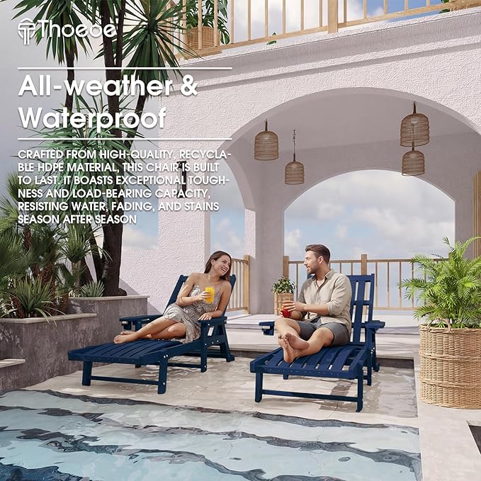 Patio Chaise Lounge Chair Set of 2, Oversized Lounge Chair Outdoor with 5 Positions, HDPE, Patio Lounge Chair with Wheels & Cup Holder for Pool, Deck, Poolside,Navy Blue