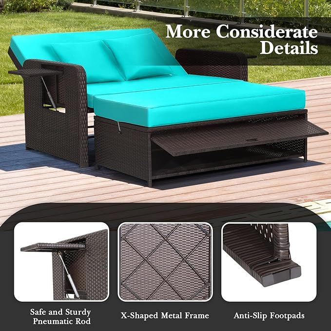 Nightcore Wicker Patio Outdoor Daybed, Outdoor Chaise Lounger w/ 4-Level Adjustable Backrest, Retractable Side Trays, Storage Ottoman, Comfortable & Removable Cushions, Rattan Loveseat (Turquoise)