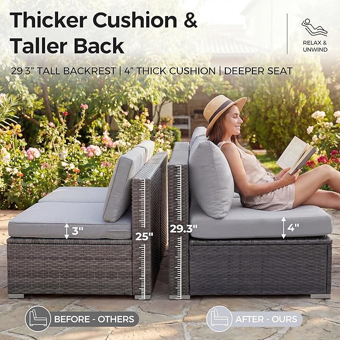NICESOUL 9 Piece Outdoor Patio Furniture Set with Fire Pit Table Dual Natural Gas & Propane, 29.3'' High Back Extra Large Comfy Wicker Conversations, Deep Wide Modular Couches for Garden, Light Grey