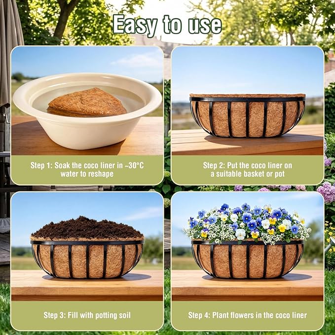 2 Pcs 24 Inch Trough Coco Liner for Window Box, 100% Natural Half Moon Coconut Coir Planter, Replaceable Coconut Fiber Liner for Window Boxes & Fence Flower Baskets (2, 24 inch)
