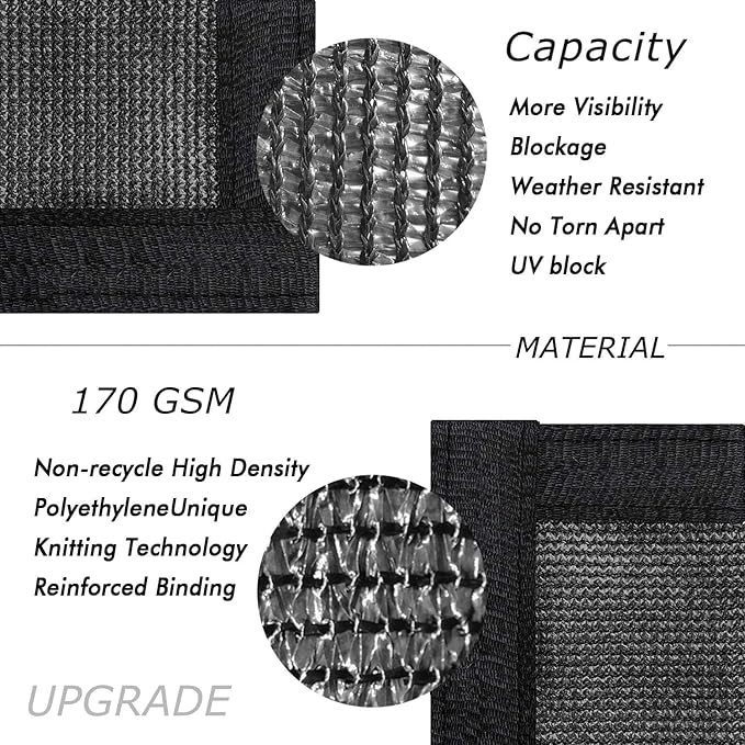 UPGRADE Privacy Fence Screen 5'x61' Black Outdoor 90% Visibility Blockage 170 GSM Mesh Shade Cover Panels for Backyard,Balcony,Home Decoration with Zip Ties,Customized Avaliable
