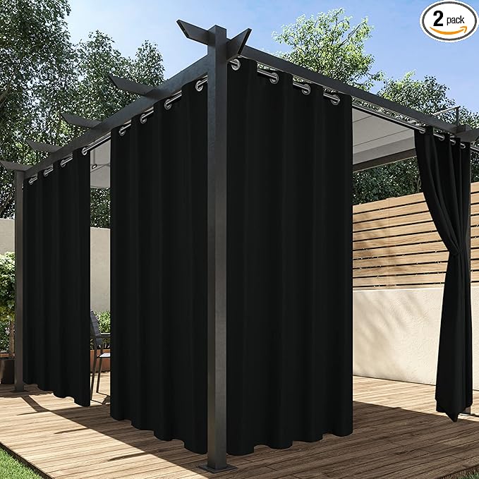 HolidayIdeas Extra Wide Outdoor Curtains for Patio Waterproof, 2 Panels - 110 x 84 Inch - Privacy & Light Filtering Curtains Grommet Outside Curtains for Porch, Gazebo, Pergola, Backyard (Black)