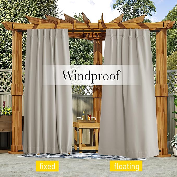 NICETOWN 2 Panels Natural Gazebo Curtains Outdoor Waterproof & Windproof, Top & Bottom Rod Pocket & Back Tab Windproof Privacy Outdoor Curtains Blackout Blinds with Fixed Rope for Patio, W52 x L95