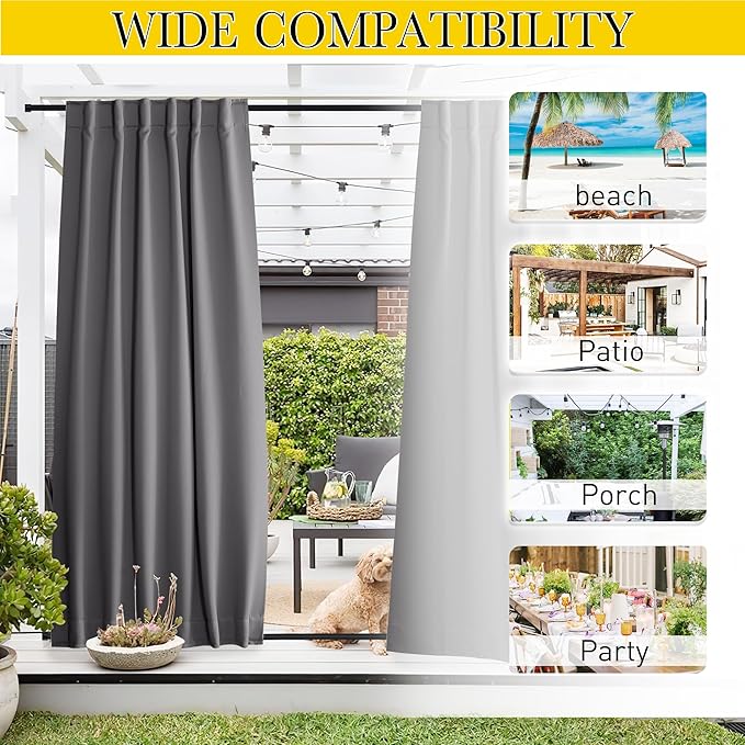 NICETOWN 2 Panels Outdoor Curtains Waterproof Pocket & Back Tab on Top & Bottom, Thermal Insulated Windproof Sun Blocking Outside Privacy Drapes for Patio with Fixed Rope, W84 x L84, Grey