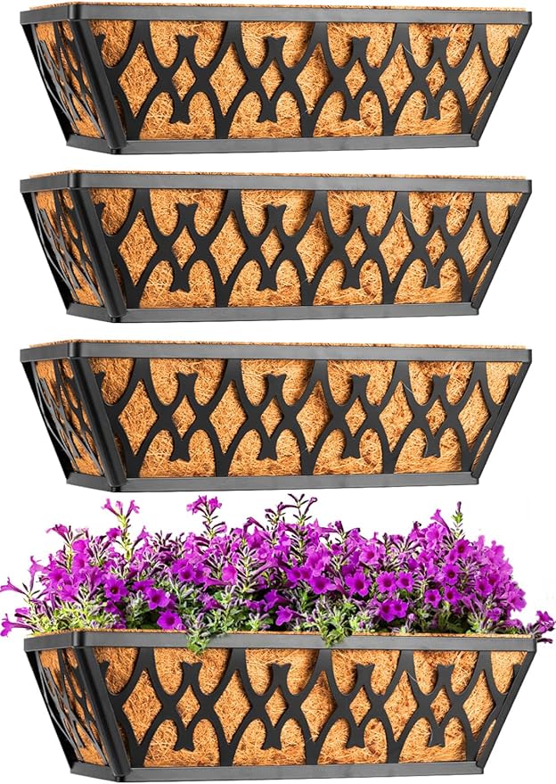 4 Pack 16 Inch Window Boxes Planters Railing Planter Box with Coco Liners Deck Railing Planter Boxes Balcony Hanging Flower Box for Outdoor Plants Garden Decor