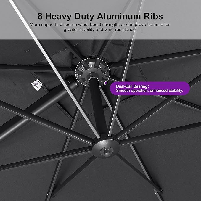 PURPLE LEAF Patio Umbrella 9' X 9' Rectangle Cantilever Umbrella Large Aluminum Outdoor Umbrellas with 360-degree Rotation & UPF40+ Premium Fabric for Deck Pool Garden Yard, Graphite Grey