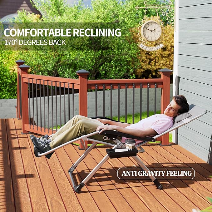 UDPATIO Oversized Zero Gravity Chair Set of 2, 33In XXL Patio Reclining Chair with Cushion, Outdoor Folding Recliner with Pillows|Cup Holder|Foot Rest|Padded Headrest, Grey, Support 500LB