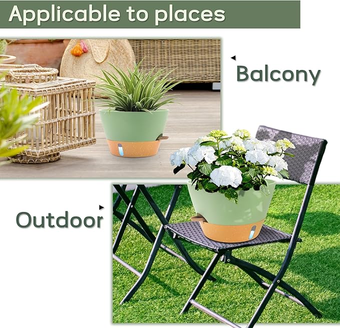 12-Inch Self Watering Planters with Drainage Holes, Large Flower Pots for Indoor Outdoor Plants, Garden Pots Green