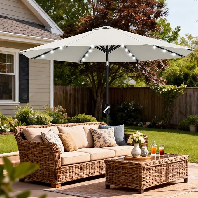 ABCCANOPY 10FT Durable Solar Led Patio Umbrellas with 32LED Lights (Light Beige)