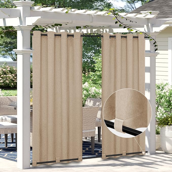 Easy-Going Linen Look Outdoor Curtains Waterproof Windproof Porch Curtains, Soft Thicken Outdoor Privacy Curtains for Patio, Gazebo, Grommet Top and Tab Bottom Drape, 2 Panels, 54x84 inch, Beige