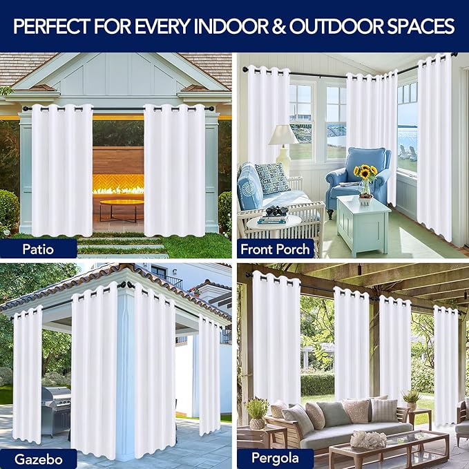 PureFit Outdoor Curtains for Patio Waterproof Weatherproof, UV Resistant Outside Curtains for Gazebo, Front Porch, Pergola, Sun Blocking Privacy Curtain, 52W x 108L inch, Set of 2, White