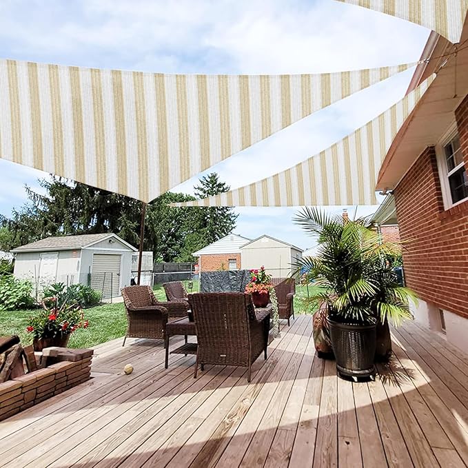 Patio Paradise 3' x 3' x 3' Sun Shade Sail Triangle Canopy Shade Cloth Fabric Sunlight Block Patio Pergola Cover HDPE Deck Awning for Outdoor Backyard Roof Shading, Beige White Strip