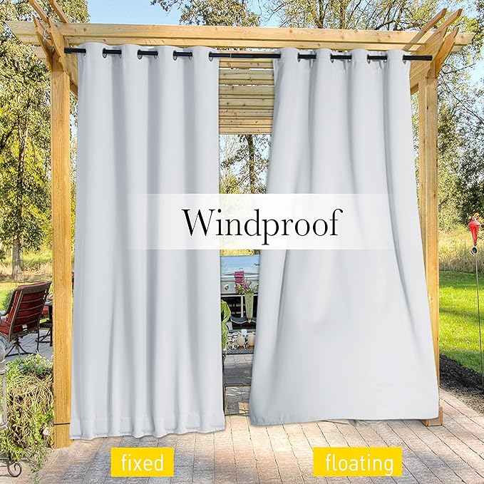 NICETOWN 2 Panels Outdoor Curtains Waterproof for Patio, Thermal Insulated Top & Bottom Grommet & Back Tab Light Blocking Outdoor Drapes, Windproof with Bouns Rope, W52 x L95, Greyish White