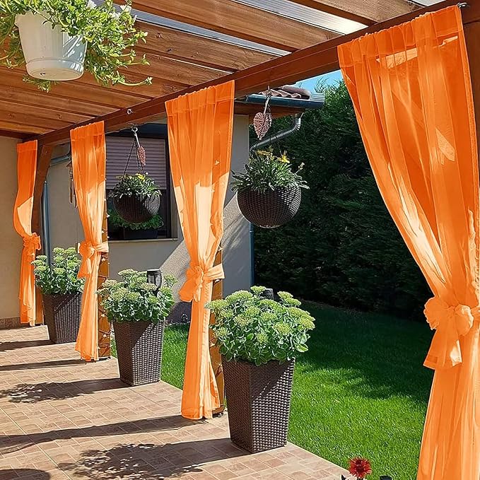 SpaceDresser Waterproof Outdoor Sheer Curtains for Patio - 2 Panels Rod Pocket Indoor Voile Sheer Curtain for Living Room,100W x 84L inch, Orange