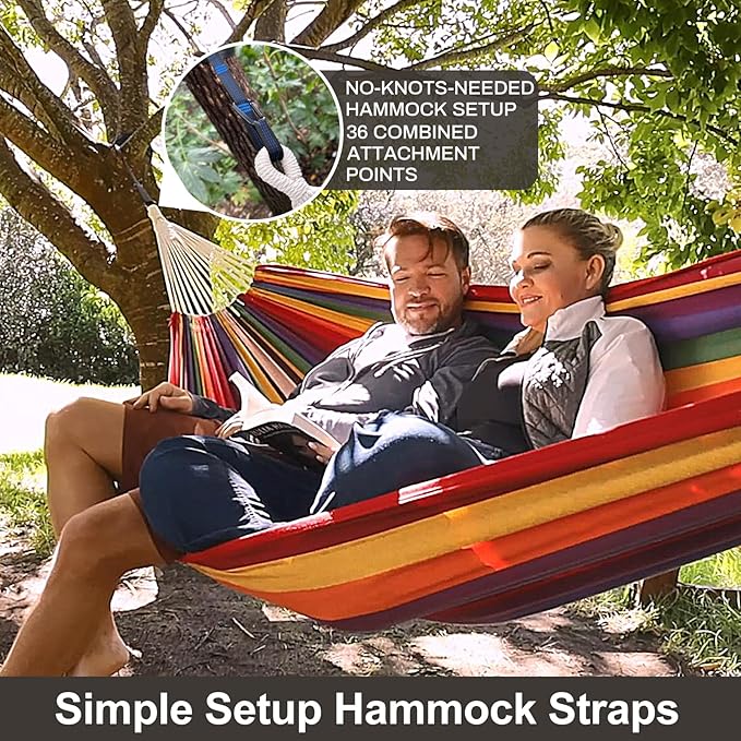 Brazilian Double Hammock with Tree Straps,Extra Large 94x63IN,2 Persons Hammock for Backyard Patio Outdoor and Indoor,450lbs Weight Capacity,Soft Woven Cotton Fabric - Tropical