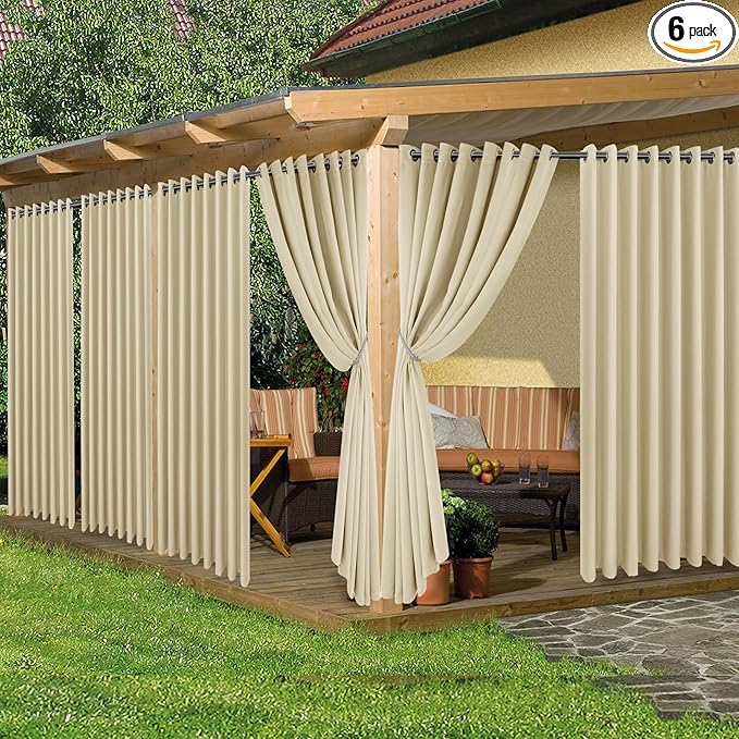HolidayIdeas Extra Wide Outdoor Curtains for Patio Waterproof, 6 Panels - 110x95 Inches - Weatherproof Privacy Outsides Curtains for Backyard Porch Gazebo, Sunlight & UV Blocking (Cream, Grommet Top)