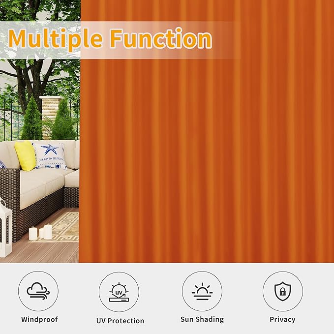 Easy-Going Outdoor Patio Curtains Detachable Tab Top Windproof Weatherproof Curtain for Cabana, Porch, Pergola and Gazebo, Tab Bottom Drape, 2 Panels, 110W x 84L inch, Orange