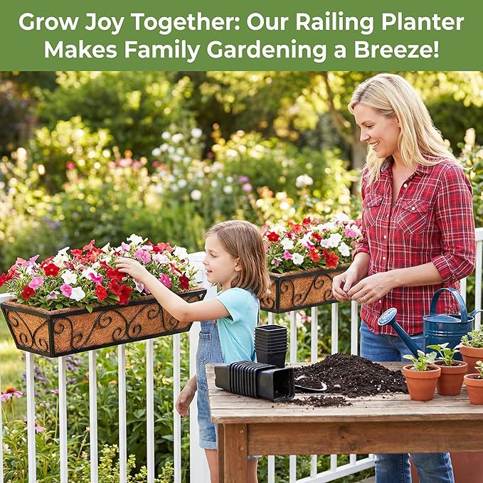 6pcs 24 Inch Window Deck with Coco Liner, 24" Window Boxes Horse Trough with Coconut Coir Liner, Metal Hanging Flower Planter Window Basket Deck Railing Planter Boxes for Outdoor Indoor Lawn