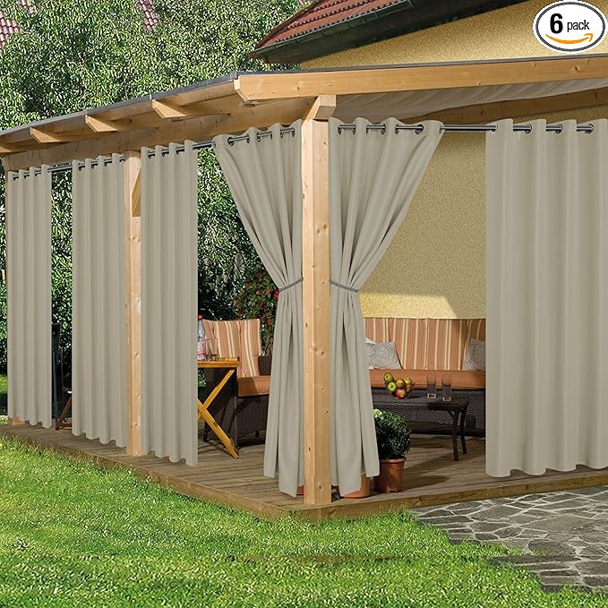 HolidayIdeas Outdoor Curtains for Patio Waterproof, 6 Panels - 54x95 Inches - Weatherproof Privacy Outsides Curtains for Cabana Porch Pergola, Sunlight & UV Blocking (Taupe, Grommet Top)