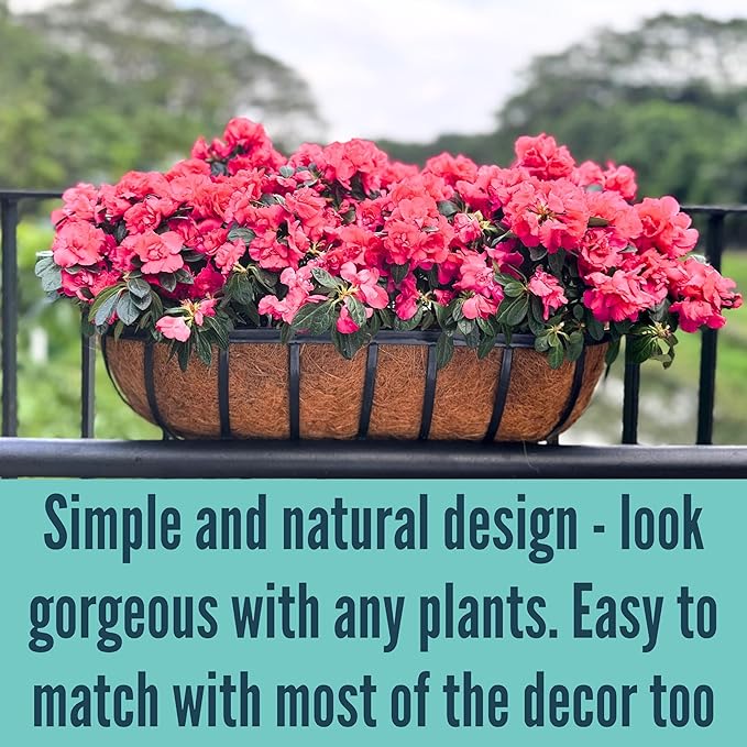 LaLaGreen Railing Planter Box (24 Inch, 4 Pack) Black Metal Rectangular Hanging Planters with Coco Liner, Flower Boxes Brackets for Deck Railings Outdoor Plants Over Rail Fence Balcony Patio Porch