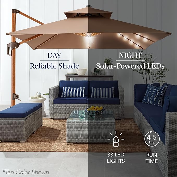 Best Choice Products 10ft Square Cantilever Patio Umbrella w/Base Included, Woodgrain Pattern Pole & Solar LED Lights, 360-Rotation, Offset Hanging Outdoor Shade - Black