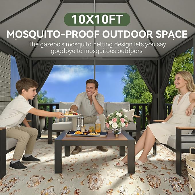 Aoxun Outdoor Gazebo for Patio 10x10, Metal Frame Canopy with Double Roofs, Heavy Duty Party Tent and Shelter with Mosquito Netting and Privacy Screen for Backyard, Lawn, Garden, Deck