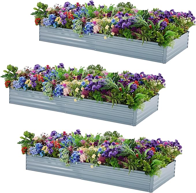 3 Pack 6x3x1FT Galvanized Raised Garden Bed Kit, Outdoor Metal Planter Box for Vegetables, Bottomless Rectangular Gardening Bed with Support Rods, Tool-Free Assembly, Gray
